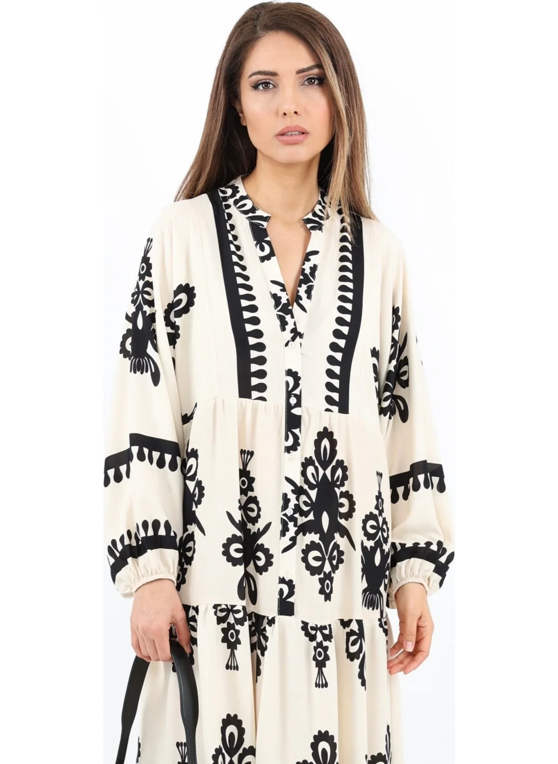 ريتنيس Prive Women's Shawl Pattern Maxi Length Viscose Cream Black Long Dress
