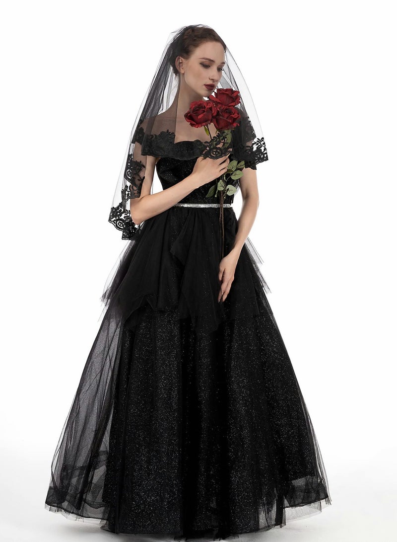 Excefore Black Veil Brides Wedding Veils Lace Short Bridal Veil Fingertip Women’s Veil Festival Veil 2 Tier Tulle Veil with Comb - Image 5