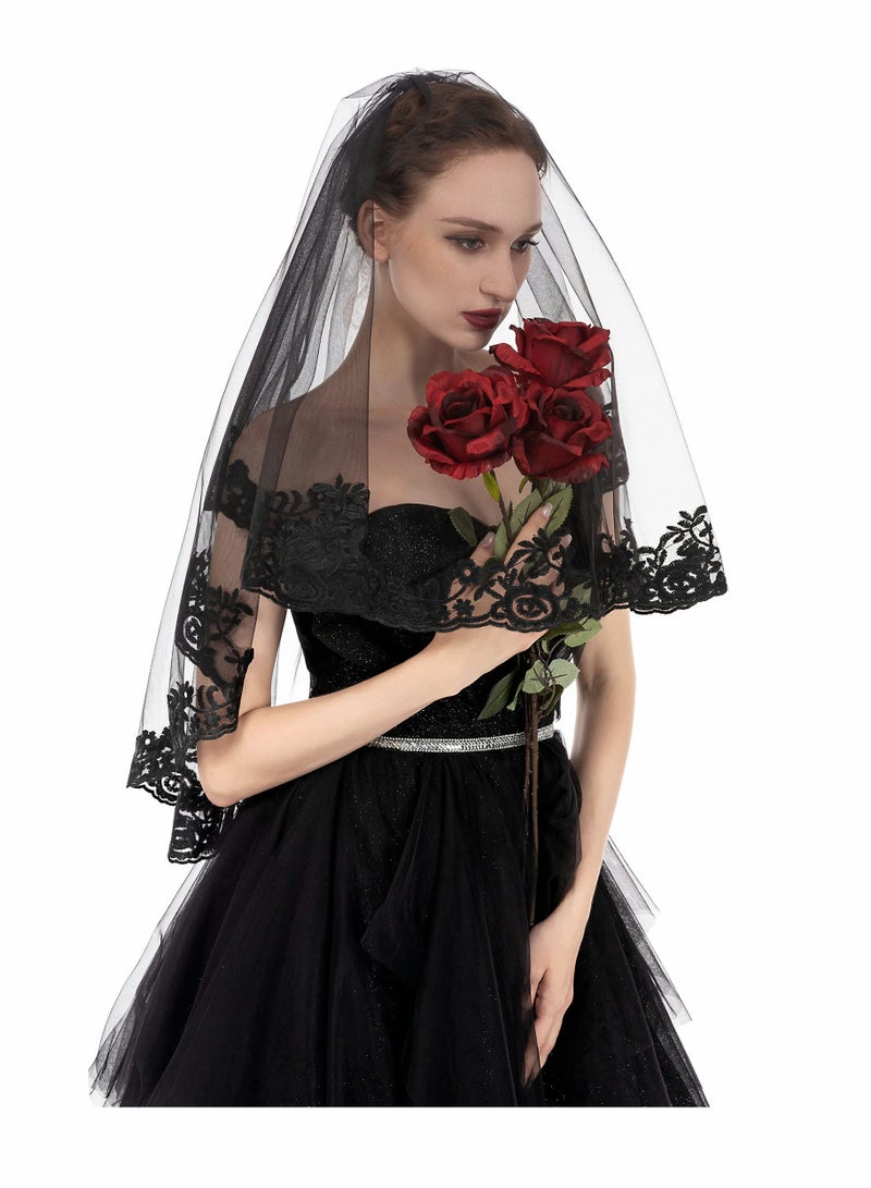Excefore Black Veil Brides Wedding Veils Lace Short Bridal Veil Fingertip Women’s Veil Festival Veil 2 Tier Tulle Veil with Comb - Image 1