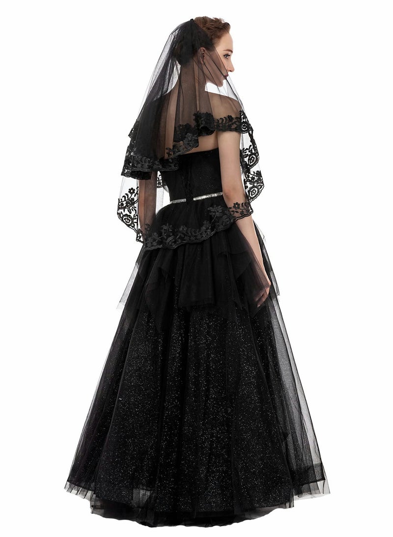 Excefore Black Veil Brides Wedding Veils Lace Short Bridal Veil Fingertip Women’s Veil Festival Veil 2 Tier Tulle Veil with Comb - Image 3