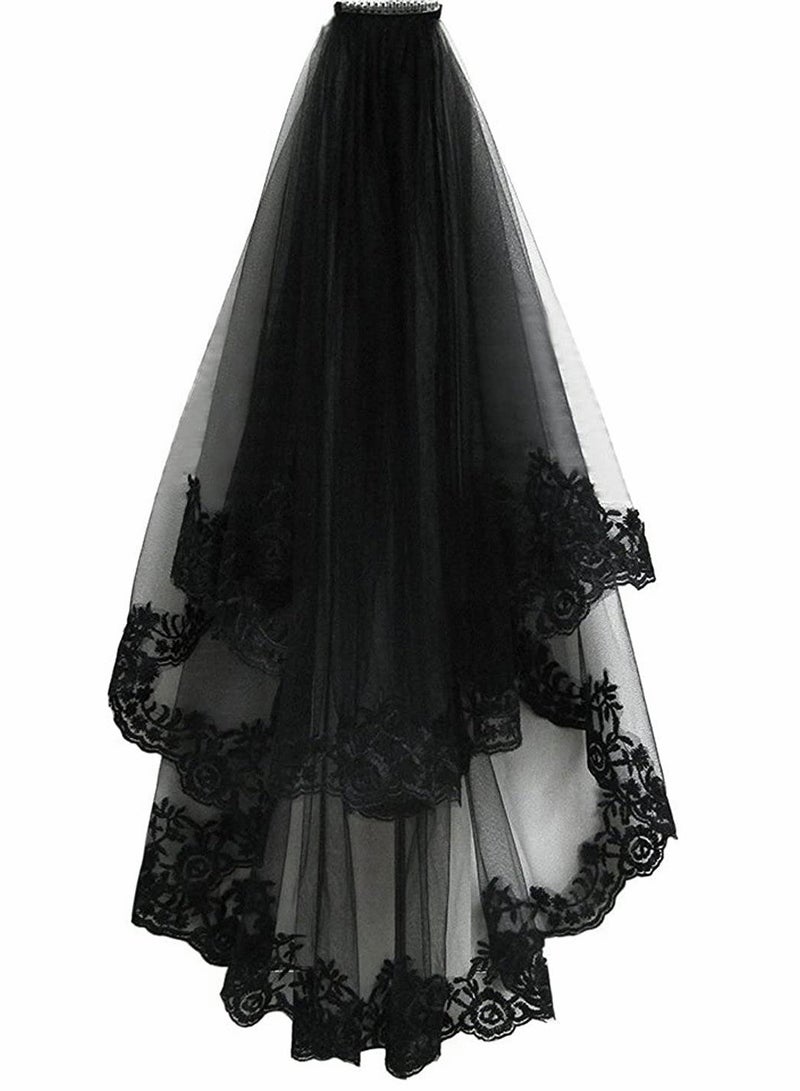 Excefore Black Veil Brides Wedding Veils Lace Short Bridal Veil Fingertip Women’s Veil Festival Veil 2 Tier Tulle Veil with Comb - Image 2