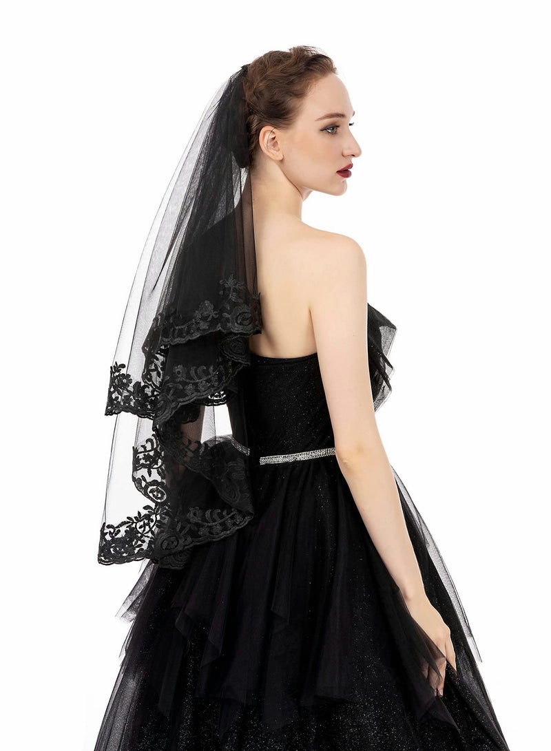 Excefore Black Veil Brides Wedding Veils Lace Short Bridal Veil Fingertip Women’s Veil Festival Veil 2 Tier Tulle Veil with Comb - Image 4
