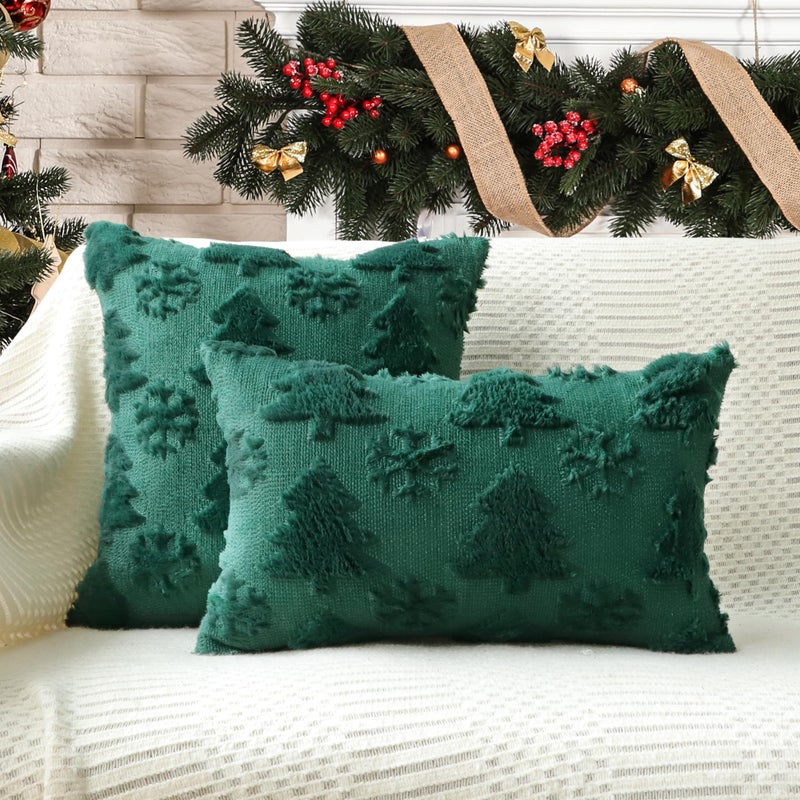 4TH Emotion Christmas Snowflake Tree Decorative Lumbar Pillow Covers 12x20 Set of 2  Green Soft Plush Faux Fur Farmhouse Throw Cushion Cases for Xmas Winter Holiday Home Decorations - Image 4