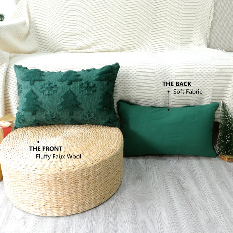 4TH Emotion Christmas Snowflake Tree Decorative Lumbar Pillow Covers 12x20 Set of 2  Green Soft Plush Faux Fur Farmhouse Throw Cushion Cases for Xmas Winter Holiday Home Decorations - Image 5