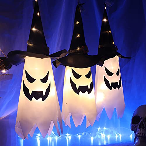 UOUDIO Halloween Decorations Outdoor Decor Hanging Lighted Glowing Ghost Witch Hat Halloween Decorations Indoor Outside Ornaments Clearance Halloween Party Lights String for Yard Tree Garden(3Pcs) - Image 2