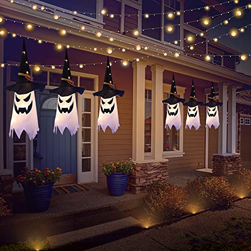 UOUDIO Halloween Decorations Outdoor Decor Hanging Lighted Glowing Ghost Witch Hat Halloween Decorations Indoor Outside Ornaments Clearance Halloween Party Lights String for Yard Tree Garden(3Pcs) - Image 3