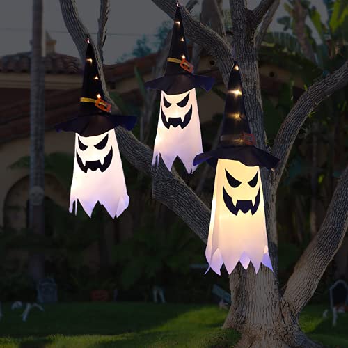 UOUDIO Halloween Decorations Outdoor Decor Hanging Lighted Glowing Ghost Witch Hat Halloween Decorations Indoor Outside Ornaments Clearance Halloween Party Lights String for Yard Tree Garden(3Pcs) - Image 1