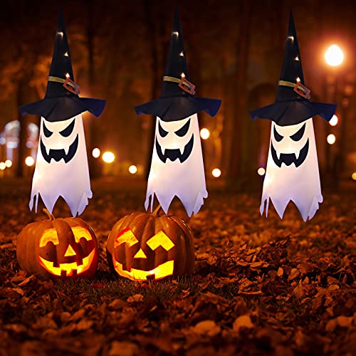 UOUDIO Halloween Decorations Outdoor Decor Hanging Lighted Glowing Ghost Witch Hat Halloween Decorations Indoor Outside Ornaments Clearance Halloween Party Lights String for Yard Tree Garden(3Pcs) - Image 5