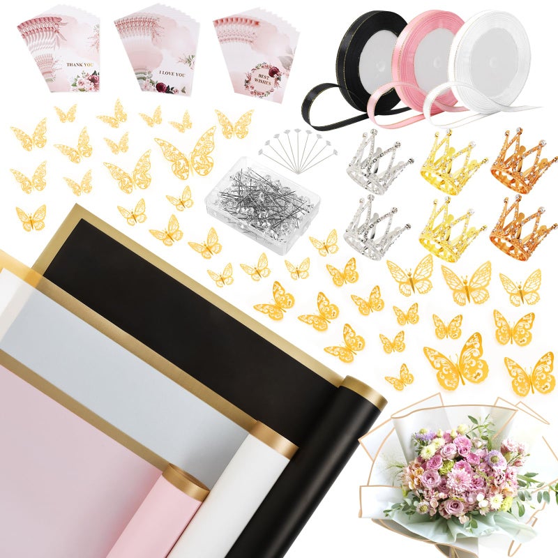 FUHITIM 60 Sheet Flower Wrapping Paper-3 Colors Florist Bouquet Wrapping Paper for Wedding Birthday Gift, Flower Paper Wrap with 3 Rolls Ribbon,3D Butterflies, 3 Colors Crowns (Black, Rose Pink, White) - Image 1
