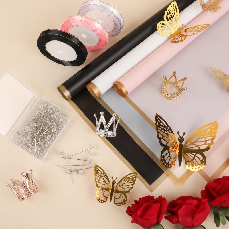 FUHITIM 60 Sheet Flower Wrapping Paper-3 Colors Florist Bouquet Wrapping Paper for Wedding Birthday Gift, Flower Paper Wrap with 3 Rolls Ribbon,3D Butterflies, 3 Colors Crowns (Black, Rose Pink, White) - Image 4