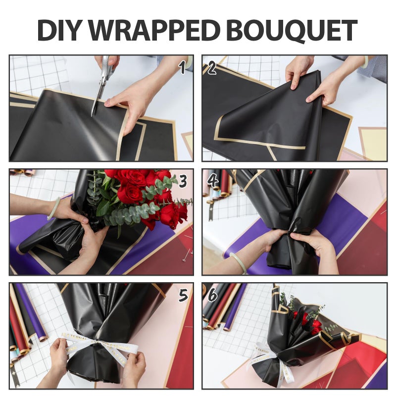 FUHITIM 60 Sheet Flower Wrapping Paper-3 Colors Florist Bouquet Wrapping Paper for Wedding Birthday Gift, Flower Paper Wrap with 3 Rolls Ribbon,3D Butterflies, 3 Colors Crowns (Black, Rose Pink, White) - Image 5