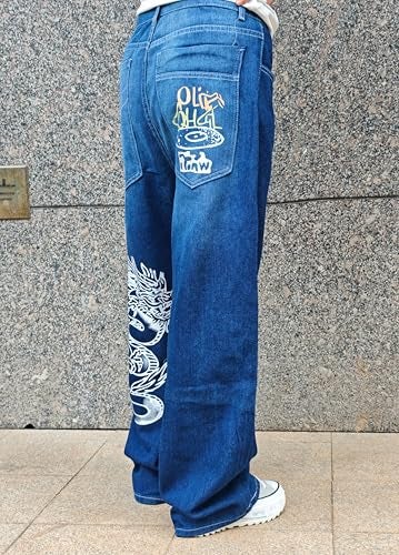 OATSBAS Unisex Y2K Hip-Hop Gothic Jeans Casual Baggy Oversize Streetwear Gragon Print Letter Graphic Retro Denim Pants (Blue,Medium) - Image 4