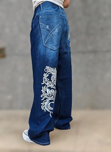 OATSBAS Unisex Y2K Hip-Hop Gothic Jeans Casual Baggy Oversize Streetwear Gragon Print Letter Graphic Retro Denim Pants (Blue,Medium) - Image 5