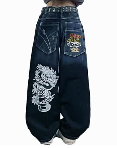 OATSBAS Unisex Y2K Hip-Hop Gothic Jeans Casual Baggy Oversize Streetwear Gragon Print Letter Graphic Retro Denim Pants (Blue,Medium) - Image 1