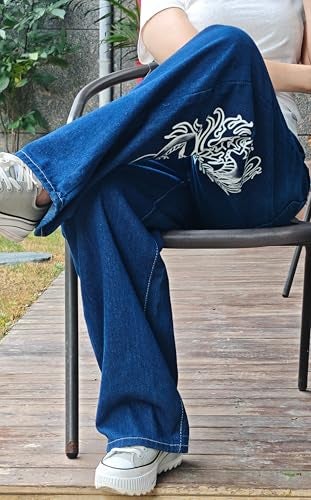 OATSBAS Unisex Y2K Hip-Hop Gothic Jeans Casual Baggy Oversize Streetwear Gragon Print Letter Graphic Retro Denim Pants (Blue,Medium) - Image 3