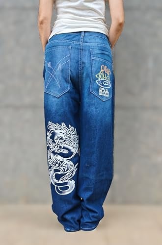 OATSBAS Unisex Y2K Hip-Hop Gothic Jeans Casual Baggy Oversize Streetwear Gragon Print Letter Graphic Retro Denim Pants (Blue,Medium) - Image 2