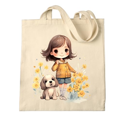 Metsi Canvas Tote Bag for Women, 13"x15" Plain Cotton Tote Bag with Zipper, Reusable Multi-Purpose Cotton Bags for Shopping, School, Beach, Groceries, Painting, DIY Gift Bags, Girl with Puppy 1 - Image 1
