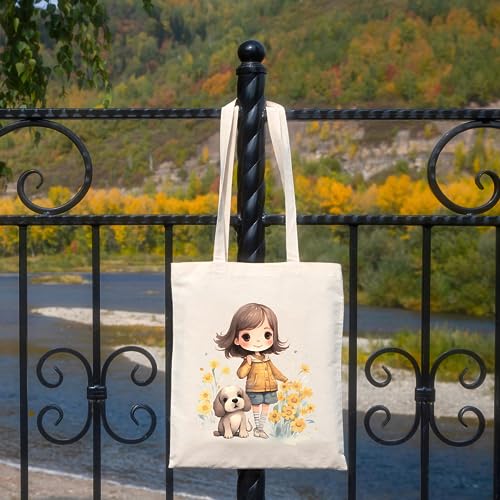 Metsi Canvas Tote Bag for Women, 13"x15" Plain Cotton Tote Bag with Zipper, Reusable Multi-Purpose Cotton Bags for Shopping, School, Beach, Groceries, Painting, DIY Gift Bags, Girl with Puppy 1 - Image 3