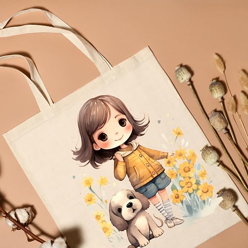Metsi Canvas Tote Bag for Women, 13"x15" Plain Cotton Tote Bag with Zipper, Reusable Multi-Purpose Cotton Bags for Shopping, School, Beach, Groceries, Painting, DIY Gift Bags, Girl with Puppy 1 - Image 2
