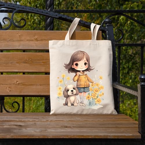 Metsi Canvas Tote Bag for Women, 13"x15" Plain Cotton Tote Bag with Zipper, Reusable Multi-Purpose Cotton Bags for Shopping, School, Beach, Groceries, Painting, DIY Gift Bags, Girl with Puppy 1 - Image 4