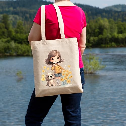 Metsi Canvas Tote Bag for Women, 13"x15" Plain Cotton Tote Bag with Zipper, Reusable Multi-Purpose Cotton Bags for Shopping, School, Beach, Groceries, Painting, DIY Gift Bags, Girl with Puppy 1 - Image 5