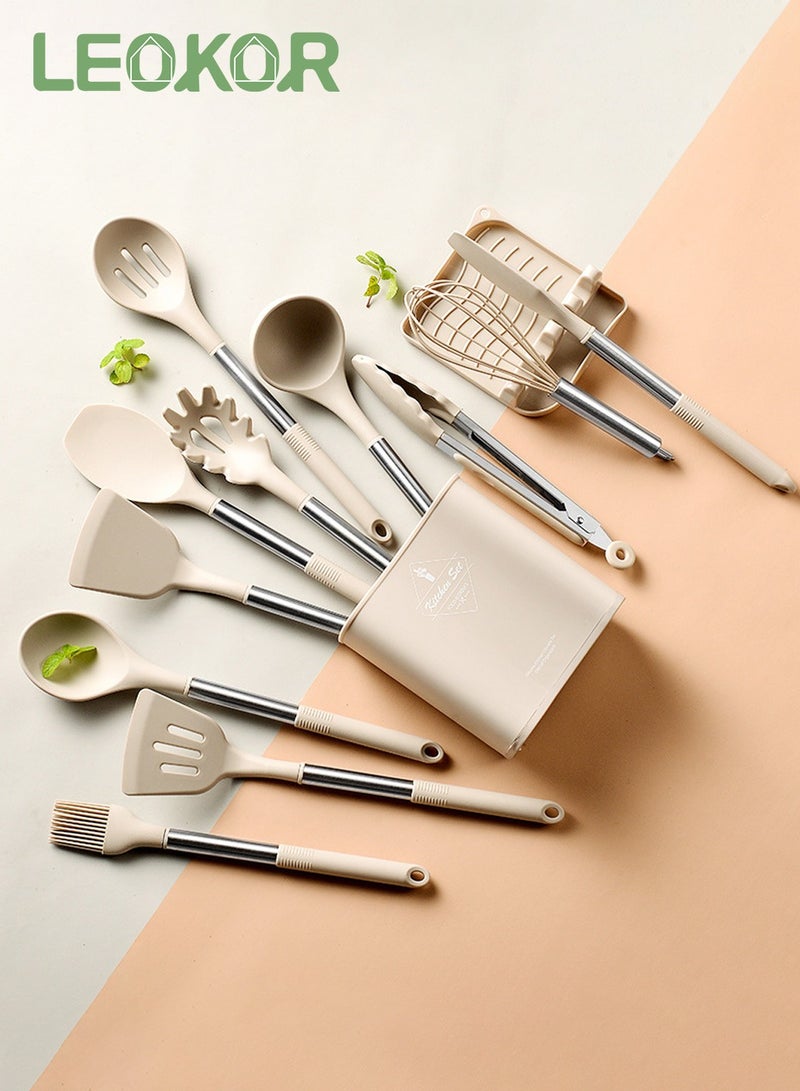 LEOKOR 13 Pcs Kitchen Cooking Utensils Set Heat-resistant Silicone Spatula Tools Set with Stainless Steel Handle - Image 1