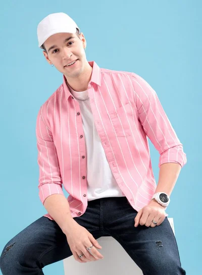 The Indian Garage Co Men Regular Fit Striped Full Sleeves Cutaway Collar Casual Shirt