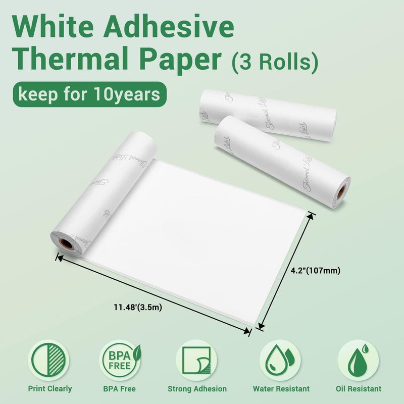 Memoqueen Phomemo White Self-Adhesive Thermal Paper, 4.3" Sticker Paper for Phomemo M04S/M04AS/M832/M834/M835 Bluetooth Thermal Printer, Black on White, 107mm x 3.5m, 3 Rolls - Image 2