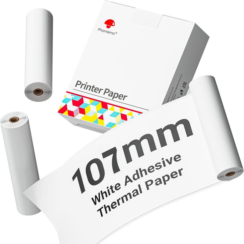 Memoqueen Phomemo White Self-Adhesive Thermal Paper, 4.3" Sticker Paper for Phomemo M04S/M04AS/M832/M834/M835 Bluetooth Thermal Printer, Black on White, 107mm x 3.5m, 3 Rolls - Image 1