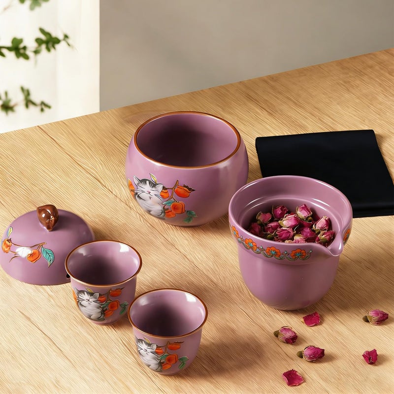 Foinly Mini Tea Cups,Cute Lucky Cat Cups,Small Tea Mugs,Porcelain Gongfu Tea set with 3 in 1,Tea Sets for Adults,Ceramic Tea Infuser Cup for Loose Leaf for Women/Tea Lovers/Birthday/Valentine's Day (Purple) - Image 2