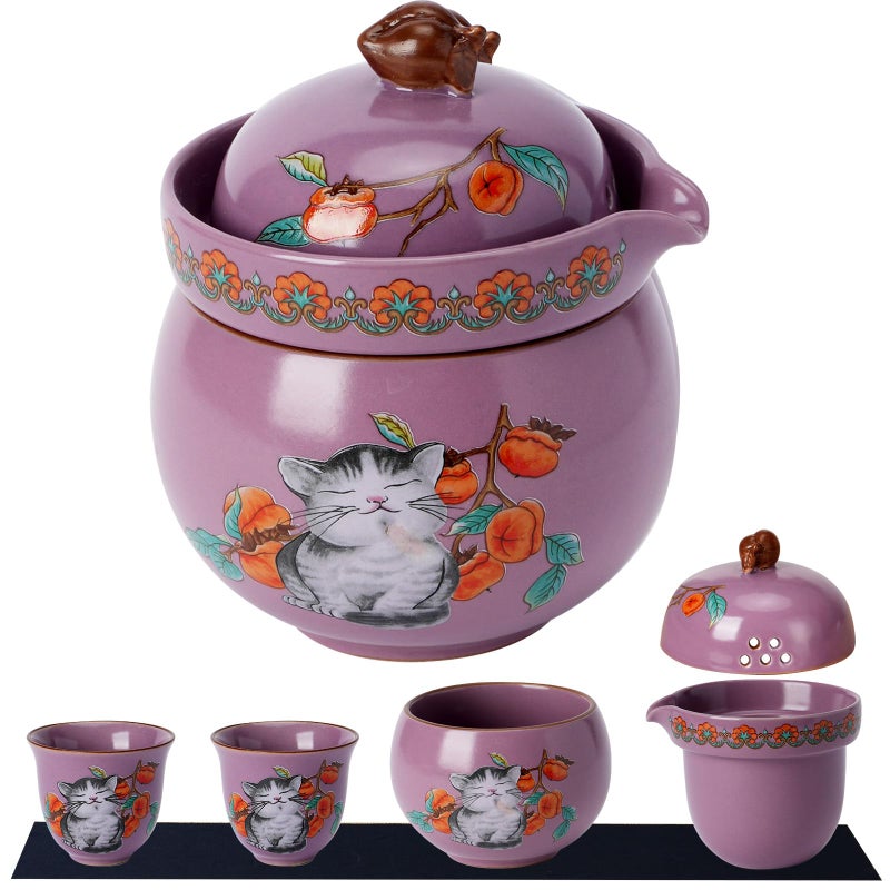 Foinly Mini Tea Cups,Cute Lucky Cat Cups,Small Tea Mugs,Porcelain Gongfu Tea set with 3 in 1,Tea Sets for Adults,Ceramic Tea Infuser Cup for Loose Leaf for Women/Tea Lovers/Birthday/Valentine's Day (Purple) - Image 1
