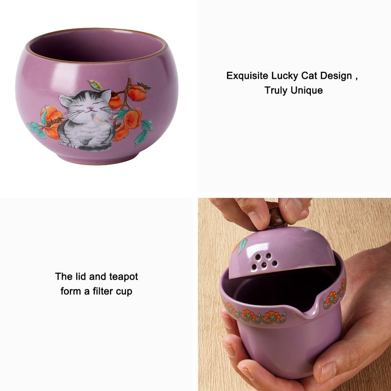 Foinly Mini Tea Cups,Cute Lucky Cat Cups,Small Tea Mugs,Porcelain Gongfu Tea set with 3 in 1,Tea Sets for Adults,Ceramic Tea Infuser Cup for Loose Leaf for Women/Tea Lovers/Birthday/Valentine's Day (Purple) - Image 5