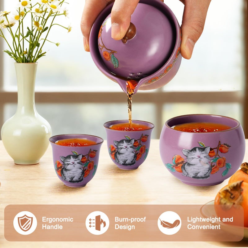 Foinly Mini Tea Cups,Cute Lucky Cat Cups,Small Tea Mugs,Porcelain Gongfu Tea set with 3 in 1,Tea Sets for Adults,Ceramic Tea Infuser Cup for Loose Leaf for Women/Tea Lovers/Birthday/Valentine's Day (Purple) - Image 4