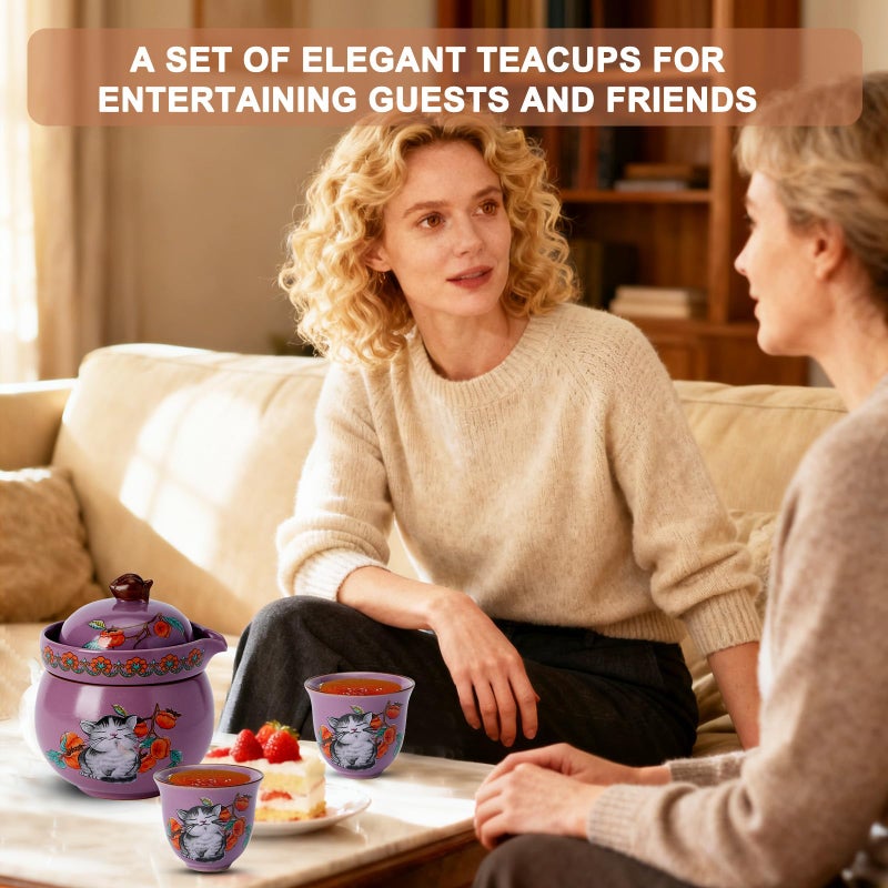 Foinly Mini Tea Cups,Cute Lucky Cat Cups,Small Tea Mugs,Porcelain Gongfu Tea set with 3 in 1,Tea Sets for Adults,Ceramic Tea Infuser Cup for Loose Leaf for Women/Tea Lovers/Birthday/Valentine's Day (Purple) - Image 3
