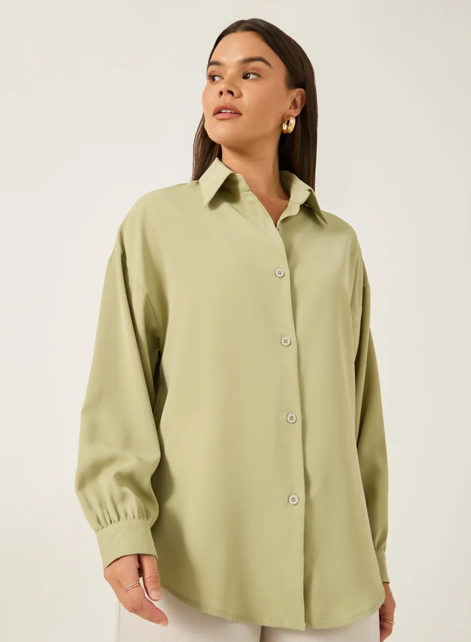Styli Solid Spread Collar Oversized Shirt