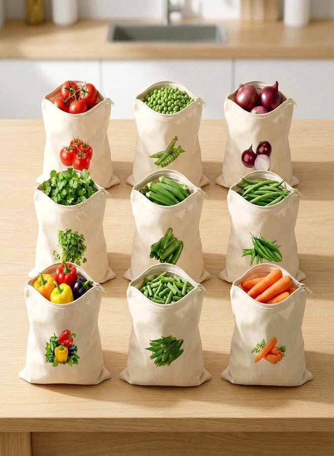 Soaex 100% Cotton Reusable Printed Vegetable Bags for Fridge (Pack of 10) – 12x12 Inch Breathable Sabji Storage Pouches with Zipper | Eco-Friendly, Washable, Visual Kitchen Organizer for Fruits & Veggies - Image 1