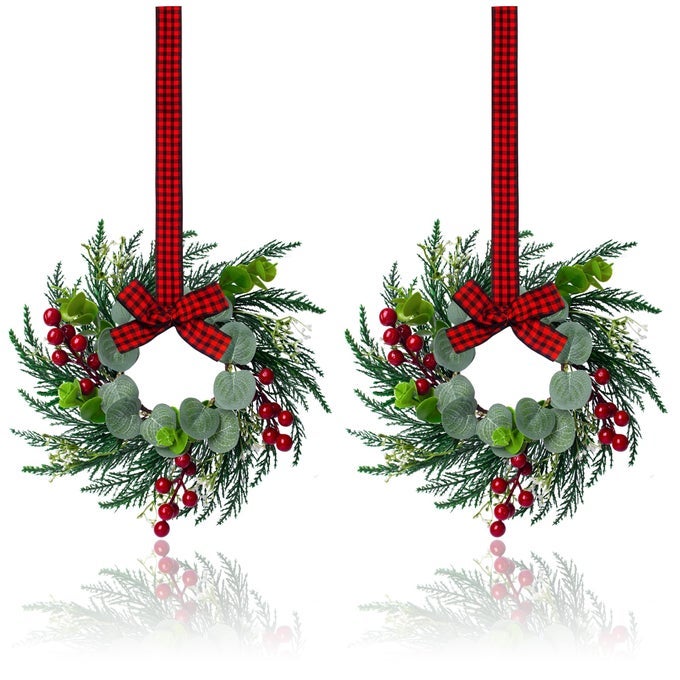 2PCS CHRISTMAS WREATH 10 INCH MINI WREATHS FOR KITCHEN CABINETS CHRISTMAS DOOR WREATH SMALL CHRISTMAS WREATH FOR FIREPLACE WINDOW FARMHOUSE INDOOR HOME DECORATIONS