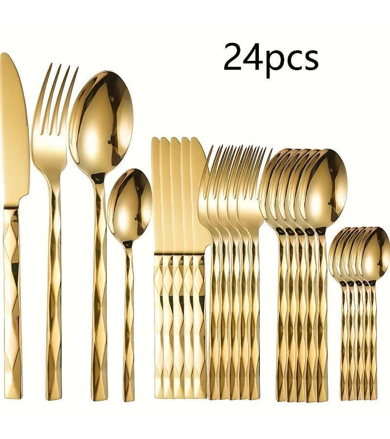 24 Piece Golden Stainless Steel Tableware Set For 6 People Elegant Diamond Cut Design Mirror Polished Dishwasher Safe For Kitchen Home Wedding Party Christmas Housewarming - Image 1