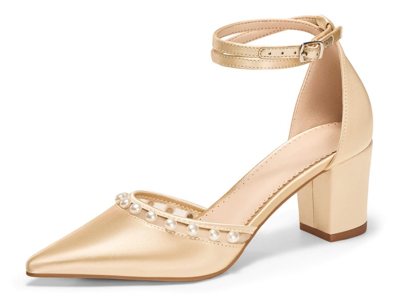 Coutgo Womens Pearl Chunky Heels Wedding Shoes for Bride Closed Pointed Toe Ankle Strap Satin Pumps, Champagne Gold, Size 7.5 - Image 1