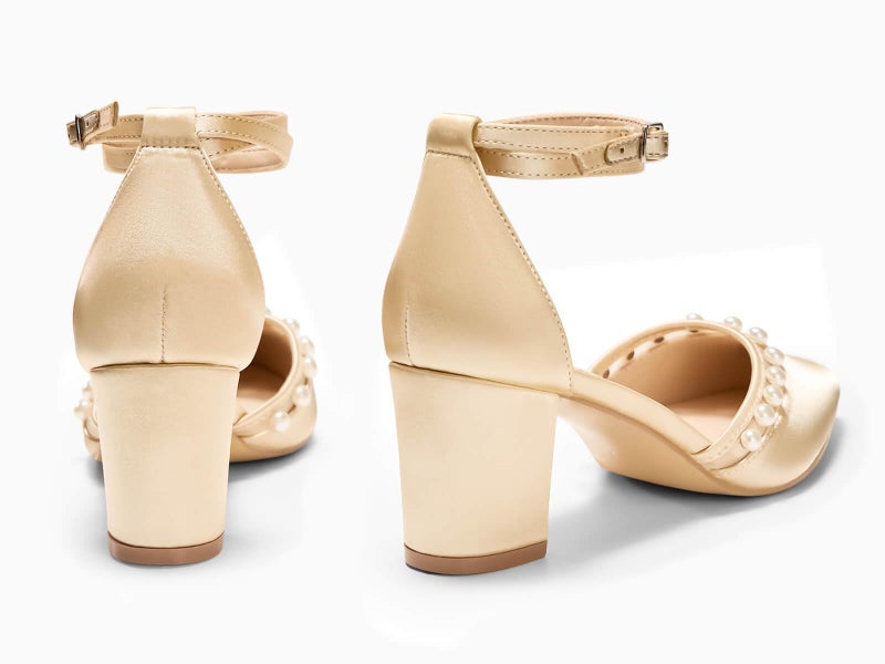 Coutgo Womens Pearl Chunky Heels Wedding Shoes for Bride Closed Pointed Toe Ankle Strap Satin Pumps, Champagne Gold, Size 7.5 - Image 5