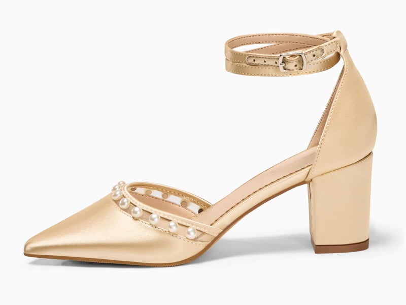 Coutgo Womens Pearl Chunky Heels Wedding Shoes for Bride Closed Pointed Toe Ankle Strap Satin Pumps, Champagne Gold, Size 7.5 - Image 4