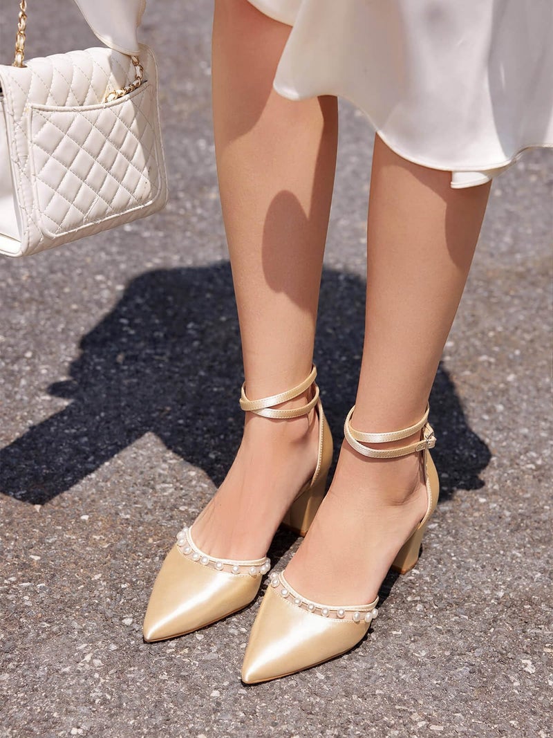 Coutgo Womens Pearl Chunky Heels Wedding Shoes for Bride Closed Pointed Toe Ankle Strap Satin Pumps, Champagne Gold, Size 7.5 - Image 3