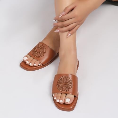 Stratuxx Kaze Womens Flat Sandals Dressy Summer Slide with Memory Foam Comfortable Cute Leather Brown Sandals for Women - Image 3