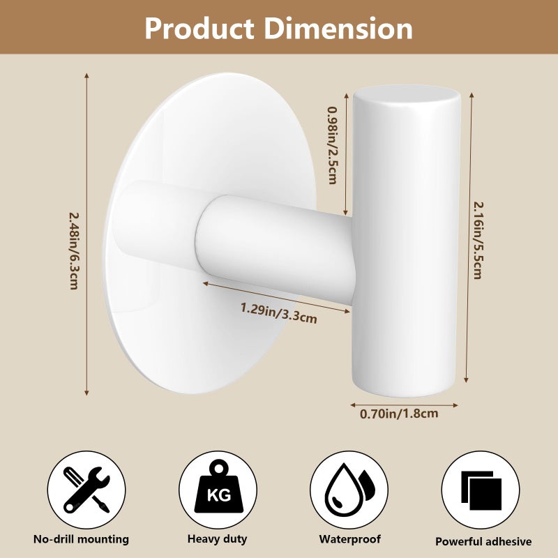 VINHOLD Heavy Duty White Towel Hooks, Stainless Steel Adhesive Coat Hooks for Bags, Towels, Robes, Hats, Aprons â€“ No Drill Bathroom, Kitchen, Hotel Wall Hooks (2 Pack) - Image 2