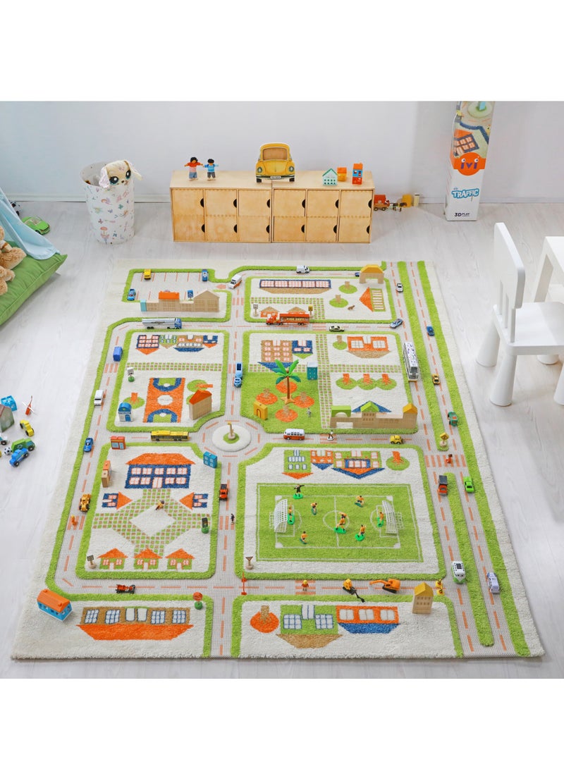 IVI 3D Play Carpet Traffic | Large Kids Play Mat | Foldable Nursery Rug | Non-Toxic Soft Activity Road Carpet | Bedroom, Living Room, Playroom 230x160 cm | Green - Image 1