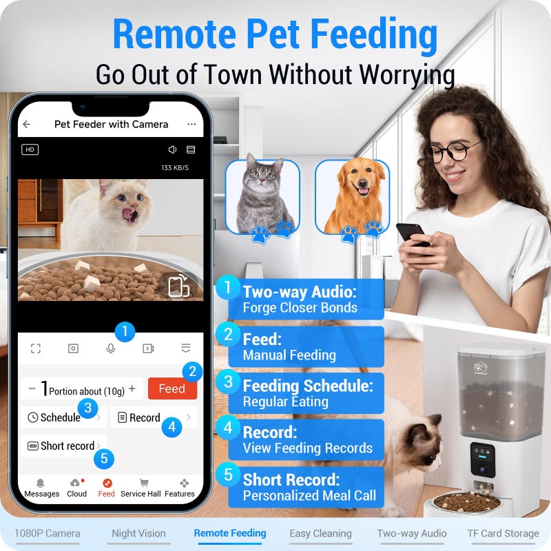 Frienhund Automatic Cat Feeder with Camera: 5G WiFi Automatic Dog Feeder with Night Vision, 7L Auto Cat Food Dispenser with 1080P Camera for Multiple Pet, Detachable for Easy Clean -29 Cup (ACF100W-B) - Image 4