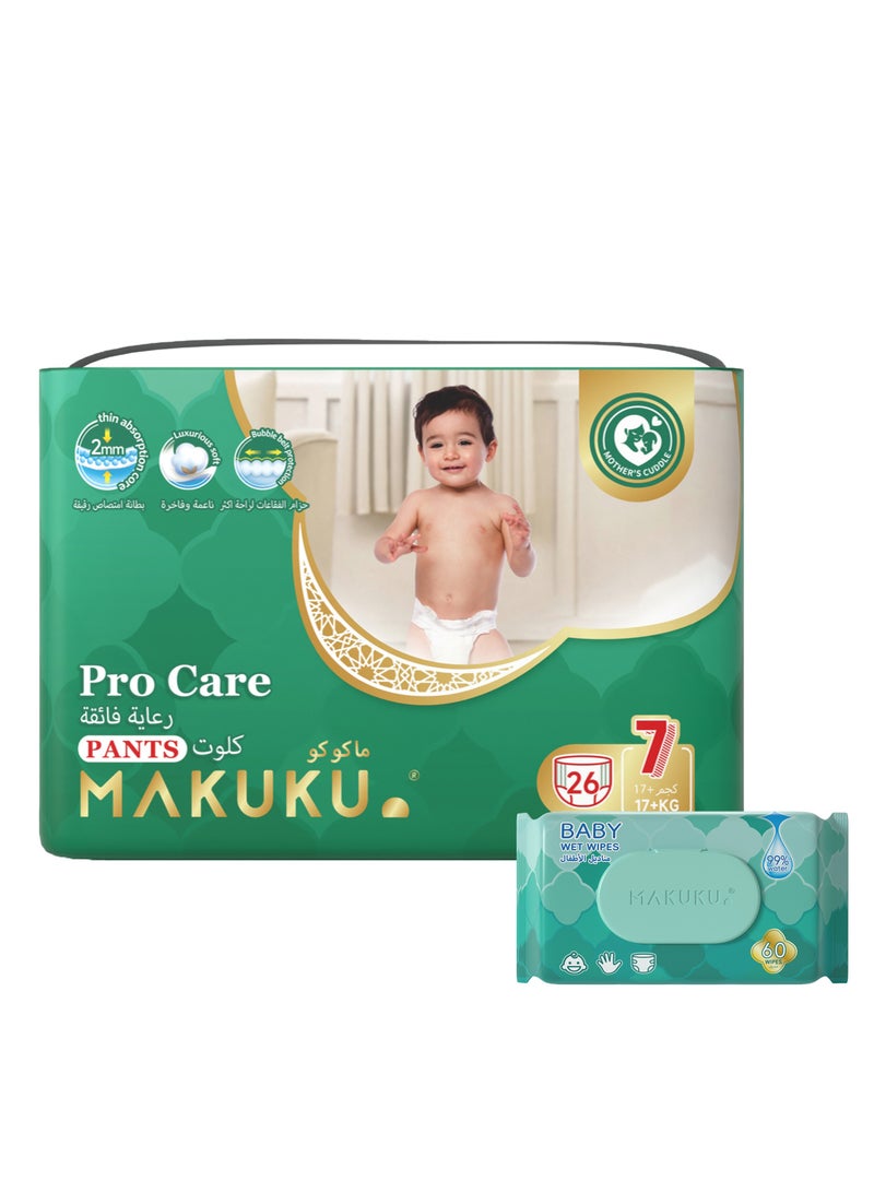 MAKUKU Diapers ProCare Pants, Size 7, XXXLarge, 26 Pcs , MAKUKU BABY Wipes 60 Pcs for Baby Unisex