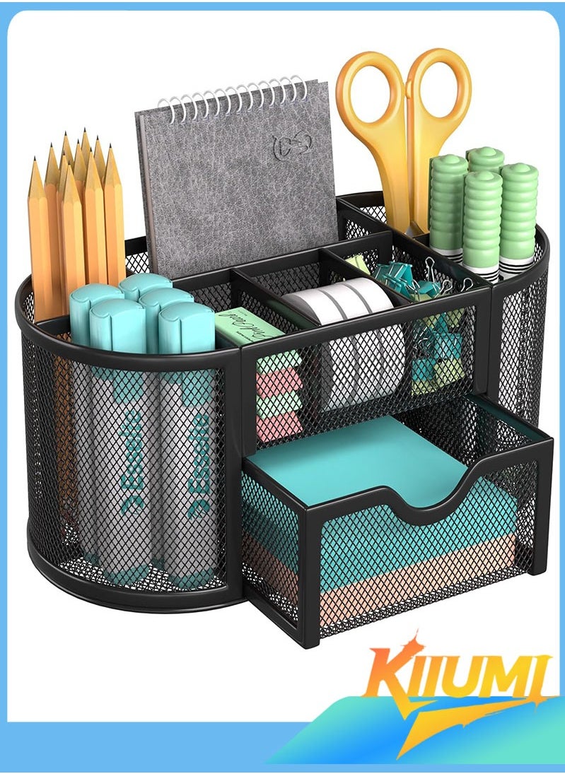 KIIUMI Mesh Desk Organiser Large Capacity,Desk Tidy Metal Pen Holder with 9 Compartments and 1 Drawer, Multi-functional Stationery Storage Container Box for Kids,Home, Office, School  - Image 1