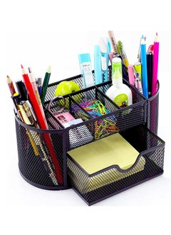 Mesh Desk Organiser Large Capacity,Desk Tidy Metal Pen Holder with 9 Compartments and 1 Drawer, Multi-functional Stationery Storage Container Box for Kids,Home, Office, School
