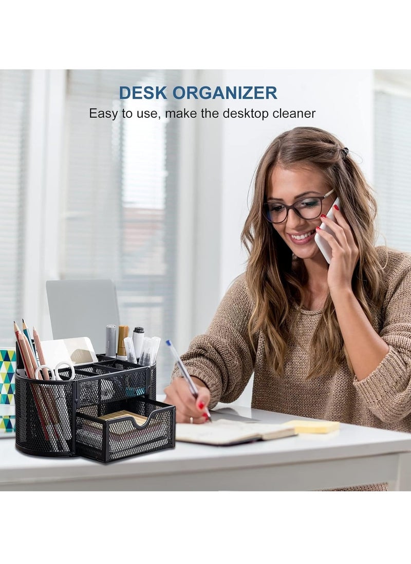 KIIUMI - Mesh Desk Organiser Large Capacity,Desk Tidy Metal Pen Holder with 9 Compartments and 1 Drawer, Multi-functional Stationery Storage Container Box for Kids,Home, Office, School - Image 1